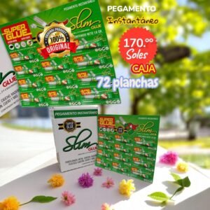 PEGAMENTO SÚPER GLUE, INSTANTÁNEO DE 1.5ml, COLOR VERDE, Marca SLIM, 72 PLANCHAS POR CAJA, 12 UNIDADES POR CAJA, PRECIO POR CAJA