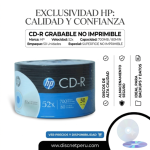 Disco CD-R Grabable, Marca: HP, Con Logo, Precio De Cono De 50 Unidades