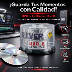 DVD-R Grabable Con Logo, Marca Silver, 50 Unidades Por Cono, Precio Del Cono