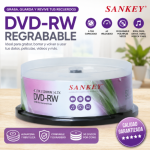 Disco DVD-RW Regrabable, Marca SANKEY, Con Logo, Precio Por Cono De 25 Unidades