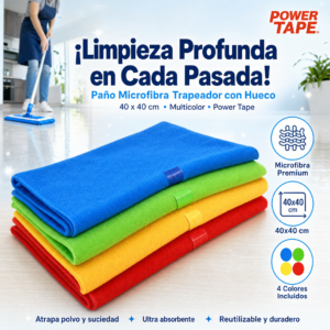 Paño Microfibra Trapeador Con Hueco, 40 X 40cm, Multicolor, Power Tape, Precio De La Docena