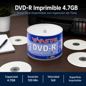 Disco Grabable DVD-R De 4.7 GB Imprimible 16x Marca: VIVASTAR, Precio De Cono De 50 Unidades