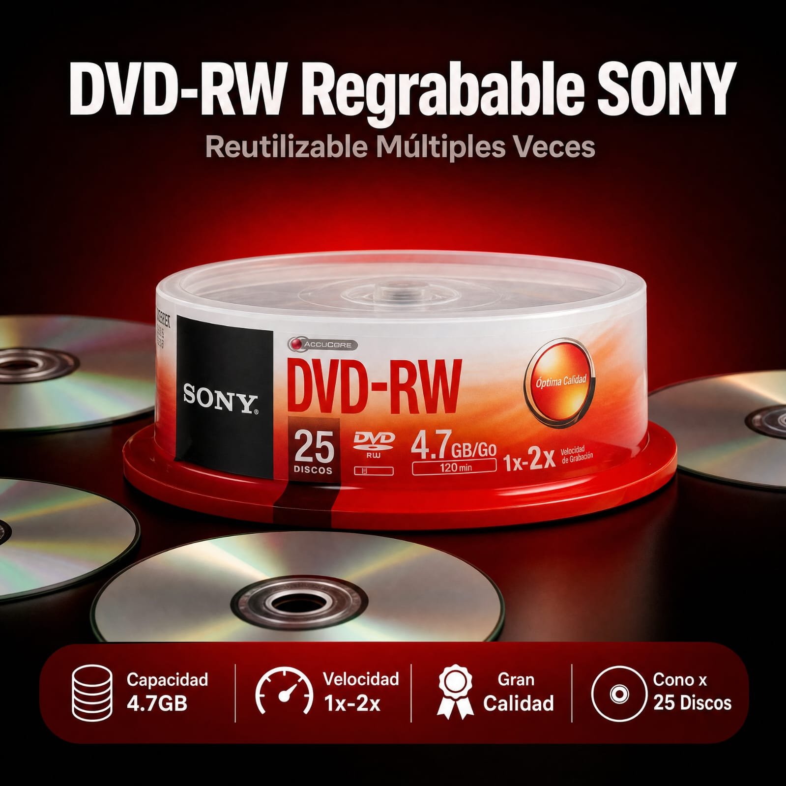 Disco DVD-RW Regrabable, Marca Sony, Con Logo, Precio Por Cono De 25 Unidades