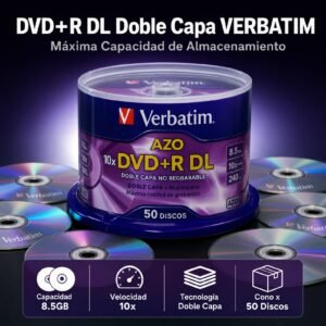 Disco DVD+R Dl 8.5GB Doble Capa, Grabable, Marca Verbatim, Con Logo, Precio Por Cono De 50 Unidades
