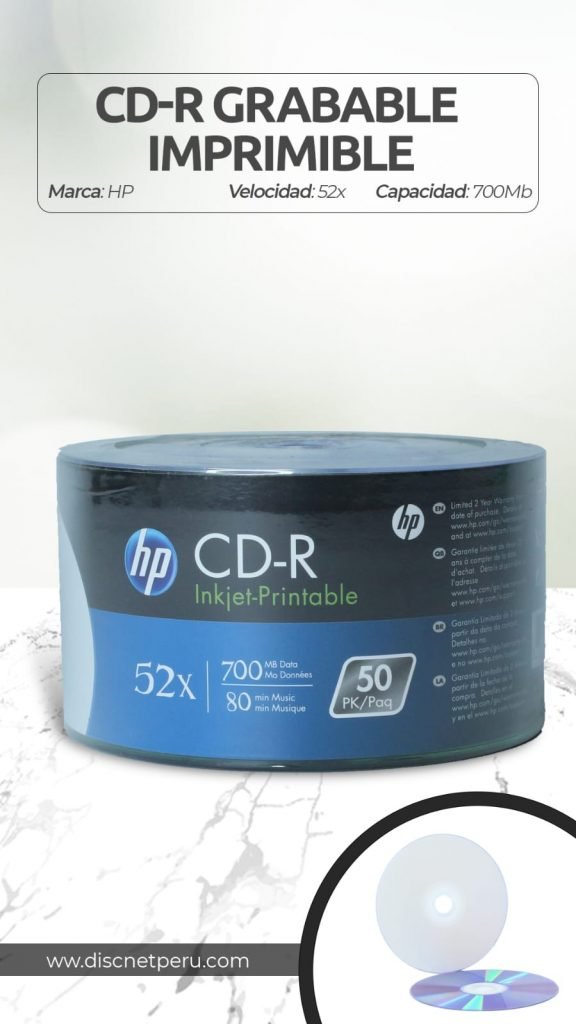 DISCO CD-R GRABABLE, MARCA HP ,PRINTABLE, PRECIO DE CONO DE 50 UNIDADES ...