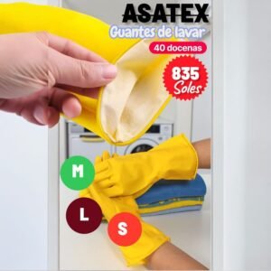 GUANTES DE SILICONA PARA LAVAR ROPA Y OTROS, MARCA ASATEX , EN VARIADOS COLORES Y CONTAMOS CON TODAS LA TALLAS,40 DOCENAS POR CAJON,PRECIO POR CAJON