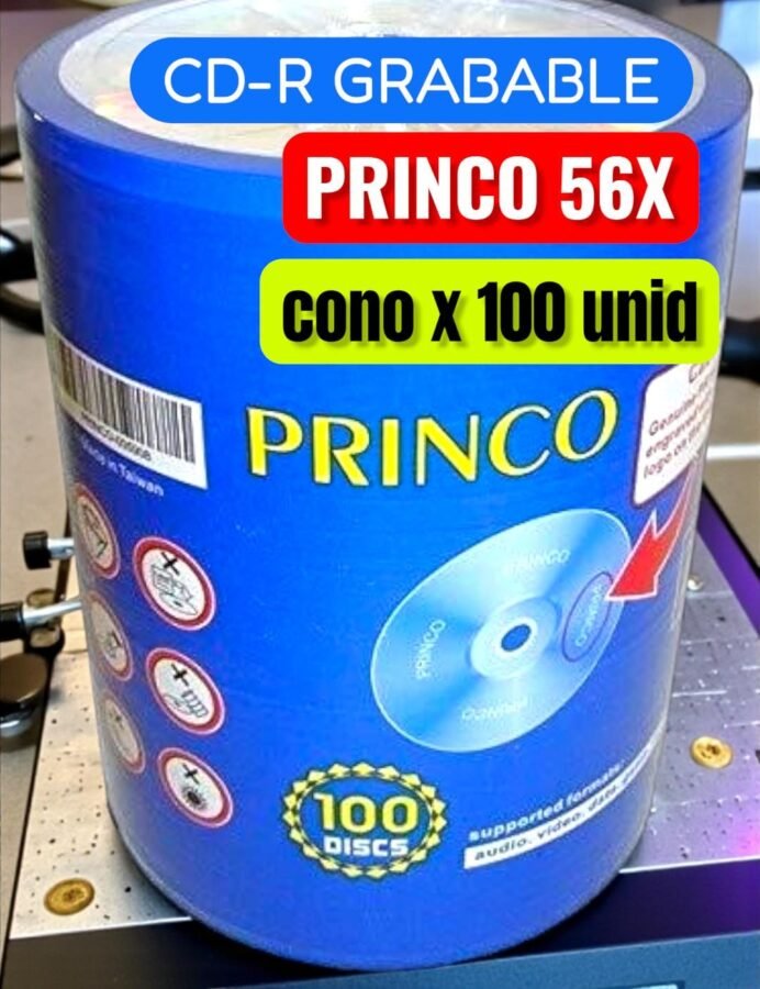 DISCO CD-R GRABABLE, MARCA PRINCO , CON LOGO, EN CONO DE 100 UNIDADES