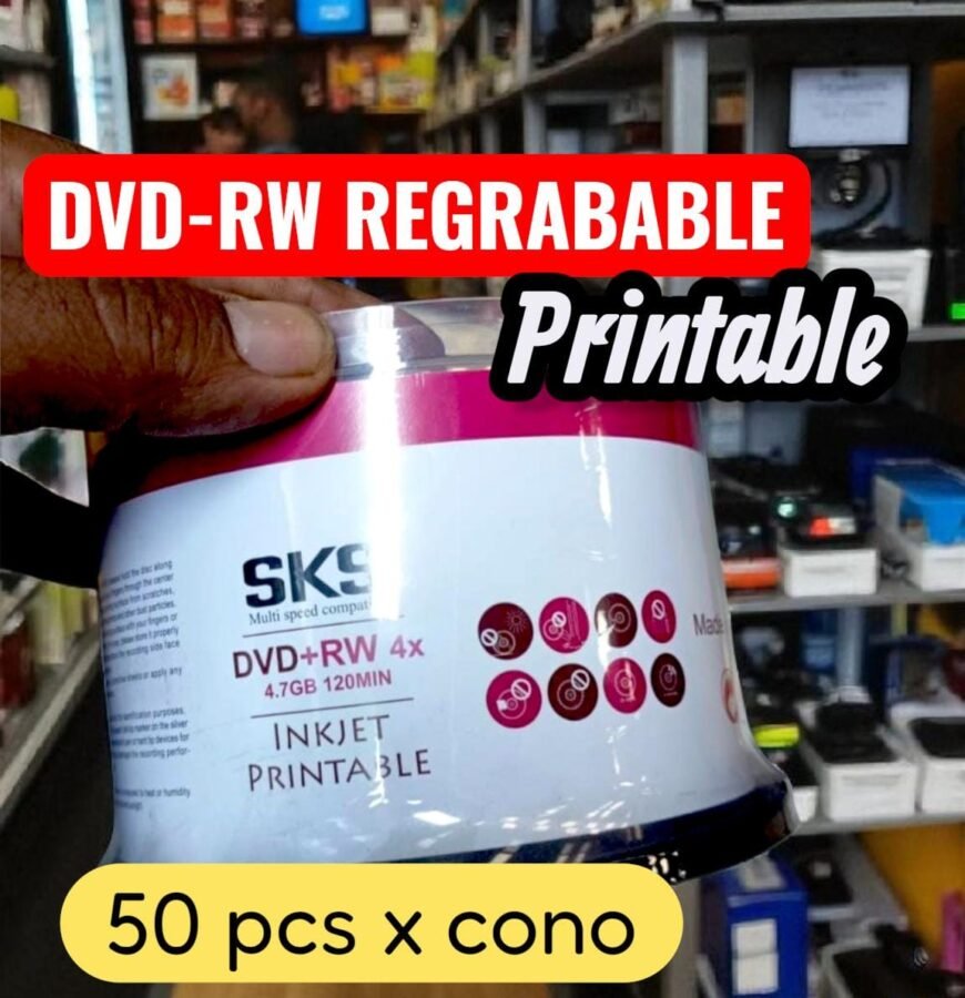 DISCO DVD-RW REGRABABLE, MARCA SKS, PRINTABLE , 50 UNIDADES POR CONO, PRECIO DEL CONO