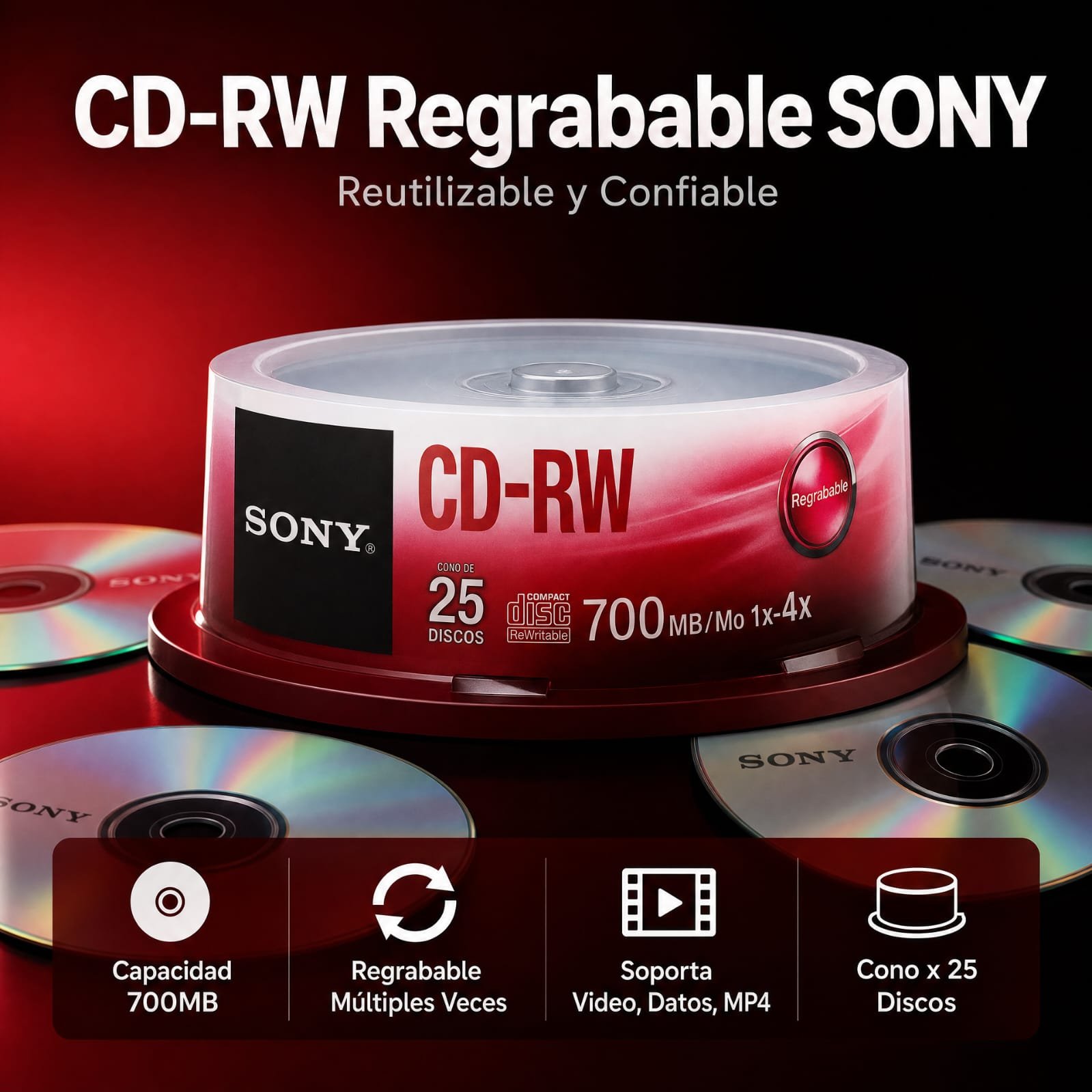 Disco CD-RW Regrabable, Marca Sony, Con Logo, Precio De Cono X 25 Unidades