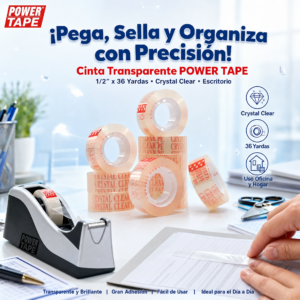 Cinta De Escritorio Transparente Marca: Power Tape De 1/2″ X 36 Yardas Precio Por Caja De 720 Rollos