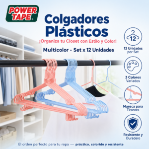 Colgador Plástico Para Ropa, Uso  Closet O Ropero, Multicolor, Marca Power Tape, 12 Unidades Por Set, Precio Del Set (Pedido Mínimo 6 Set