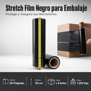 Strech Film Color Negro Para Embalar, 20″ X 1,300 kgs, Precio Por Cajon De 4 Unidades
