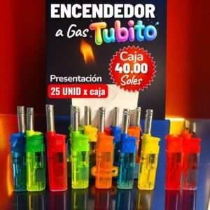 ENCENDEDOR A GAS, MODELO TUBITO, COLORES TRANSPARENTE,MARCA GENÉRICA, 25 UNIDADES POR CAJA, PRECIO POR CAJA
