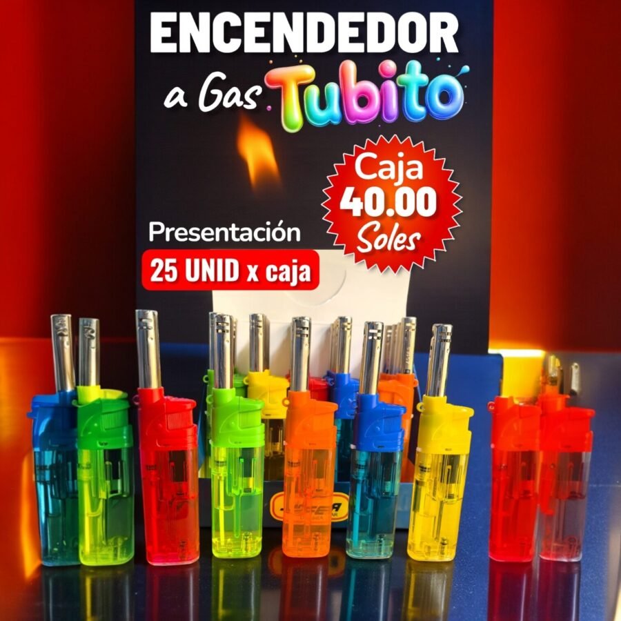 ENCENDEDOR A GAS, MODELO TUBITO, COLORES TRANSPARENTE,MARCA GENÉRICA, 25 UNIDADES POR CAJA, PRECIO POR CAJA
