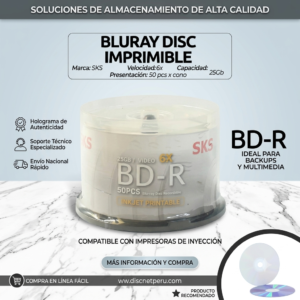 Disco Bluray De 25 GB, Marca SKS, Printable, Precio Por Cono De 50 Unidades