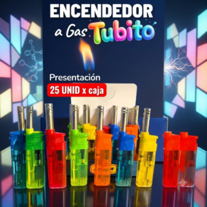 Encendedor A Gas, Modelo Tubito, Colores Transparente, Marca Genérica, 25 Unidades Por Caja, Precio Por Caja