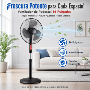 Ventilador De 16″, Marca Power Tech, 5 Aspas De Acrilico, Giratorio 180°, Solo Pedestal, Precio Unidad