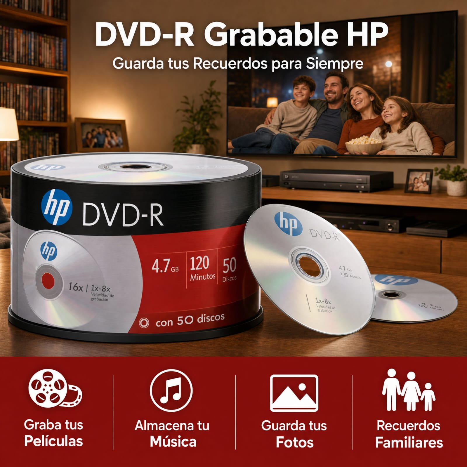 Disco DVD-R Grabable, Marca HP, Con Logo, Precio De Cono Por 50 Unidades - Imagen 2