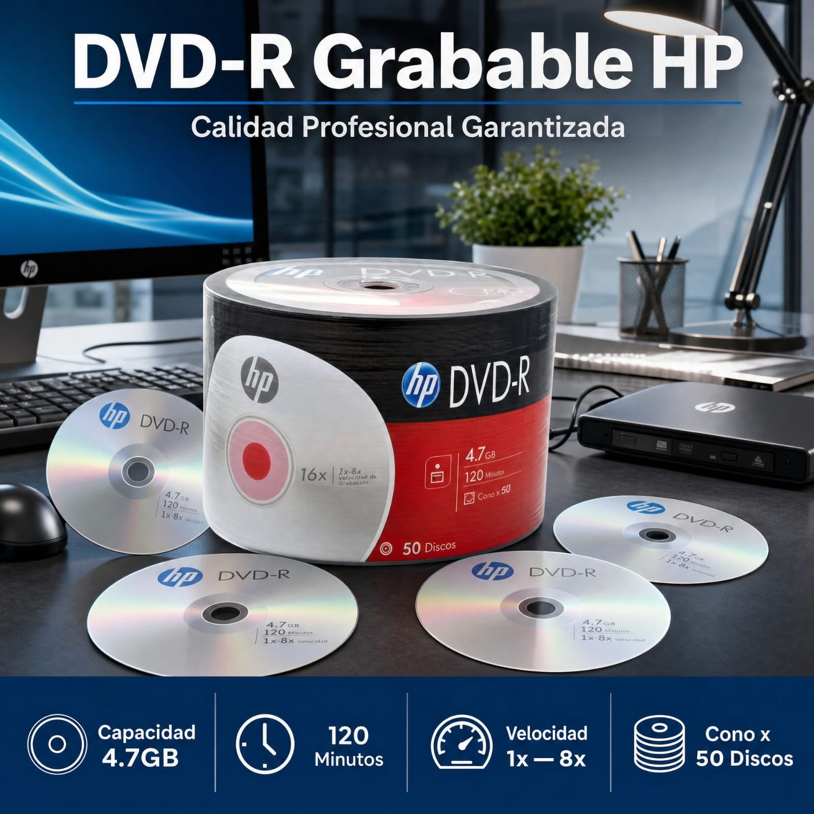 Disco DVD-R Grabable, Marca HP, Con Logo, Precio De Cono Por 50 Unidades