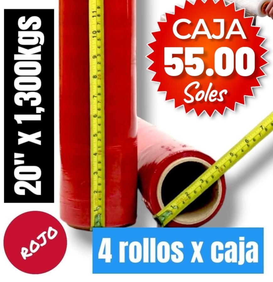 STRECH FILM COLOR ROJO PARA EMBALAR, 20" x 1,300KGS, PRECIO POR CAJON DE 4 ROLLOS