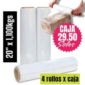 STRECH FILM COLOR TRANSPARENTE PARA EMBALAR 20″ x 1,100KGS PRECIO POR CAJA DE 4 UNIDADES