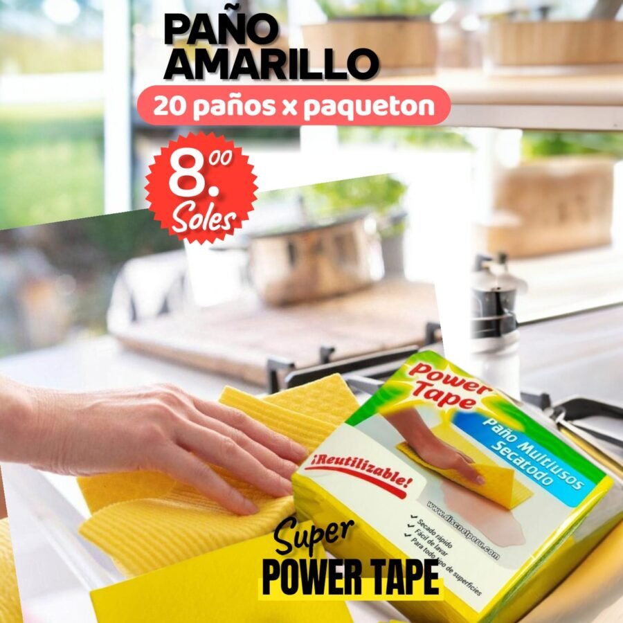 PAÑO PARA LIMPIEZA MULTIUSO, PARA COCINA , TALLER Y OFICINA, POWER TAPE, COLOR AMARILLO SUPER ABSORVENTE, PAQUETE X 20 PAÑOS, PRECIO POR PAQUETE