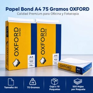 Papel bond fotocopia, tamaño a4, 75 gramos, marca oxford, 10 paquetes por caja, 500 hojas por paquete, precio de la caja   ★ ★ ★ ★ ★