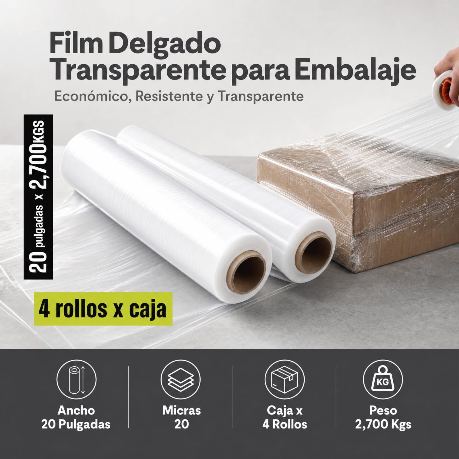Strech Film Color Transparente Para Embalaje De 20" X 2,700kgs, Precio Por Caja De 4 Unidades