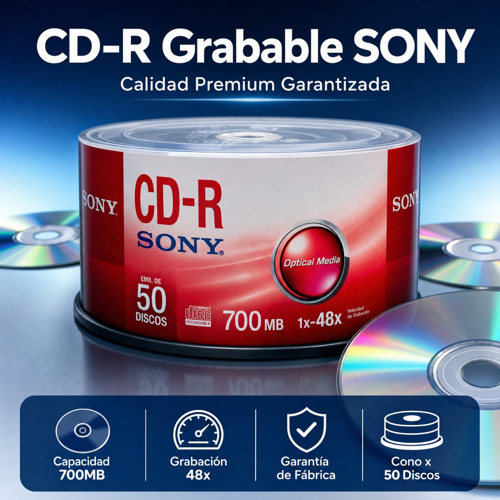 CD-R Grabable, Marca: Sony, Con Logo, Precio Por Cono De 50 Unidades