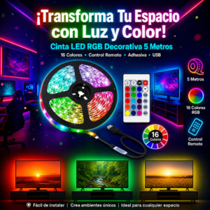 Luz Led RGB Decorativa En Cinta De 5 Metros, Adhesiva, Con Control Remoto, Y Colores Intercambiables, Precio De La Unidad (Minimo 3 Unidades)