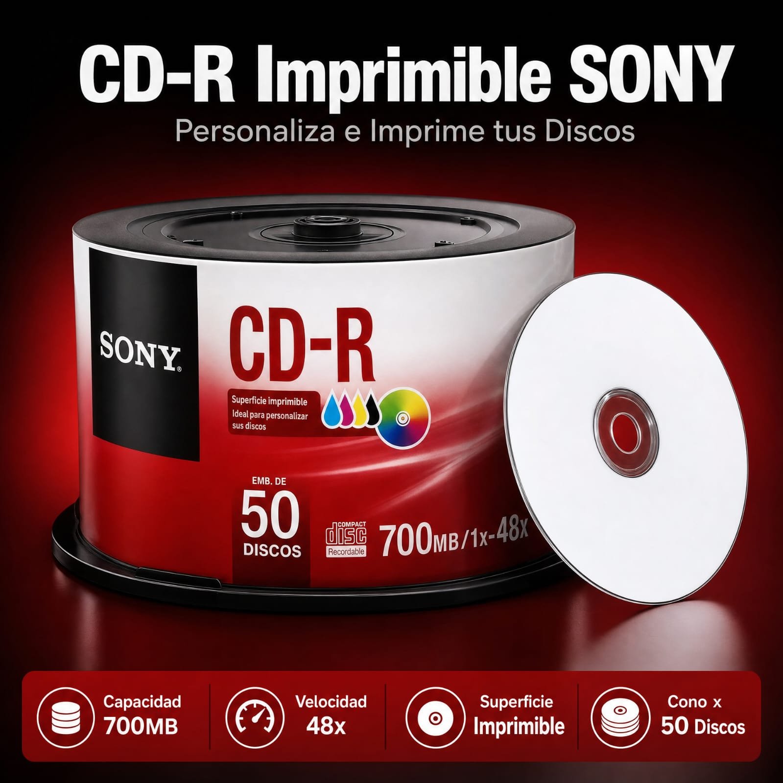 CD Grabable SONY Printable, Precio Por Cono De 50 Unidades