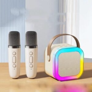MINI KARAOKE RGB, PARLANTE CON MICRÓFONOS, CONEXIÓN BLUETOOTH, RECARGABLE USB, INCLUYE CABLE DE CARGA, SONIDO DE ECO INCORPORADO, PRECIO DE LA UNIDAD