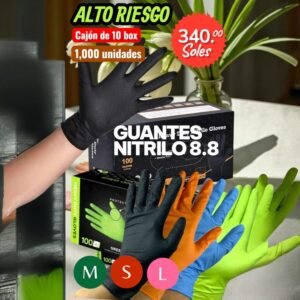 GUANTES DE NITRILO, ALTO RIESGO, COLOR NARANJA , NEGRO, 8.8GRMS, CAJA POR 100 BOX, CADA BOX DE 100 UNIDADES, PRECIO POR CAJA DE 100 BOX , TOTAL 1,000 GUANTES