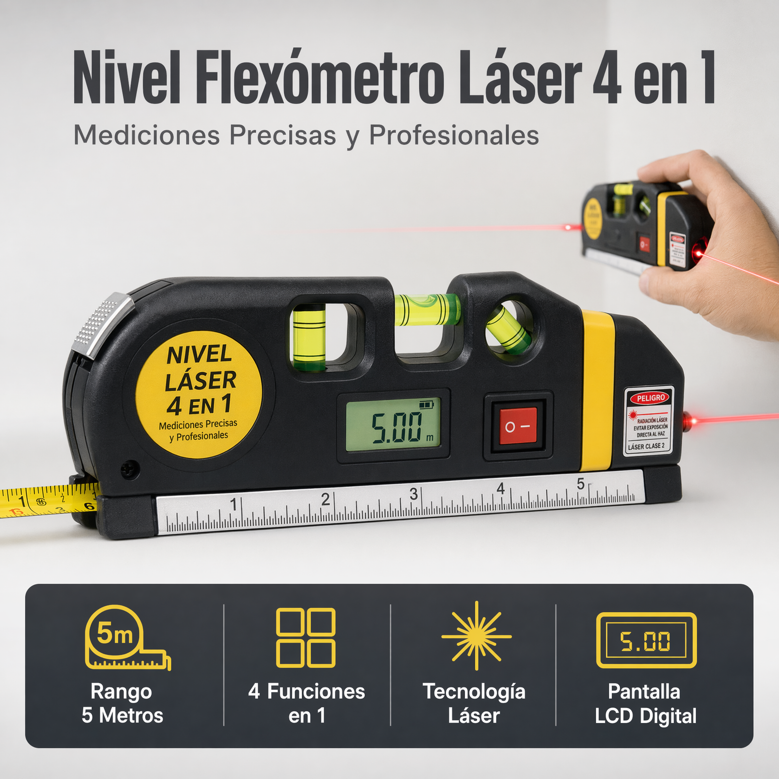Nivel Flexómetro Laser 4 En 1, De 5 Metros, Para Medidas Precisas , Precio Por Unidad (Pedido Mínimo 6) ★ ★ ★ ★