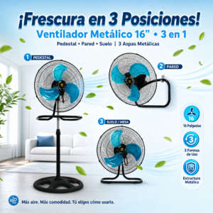 Ventilador De 16″, Tres Aspas, Metálico, Tres En Uno, Para Usar De Tres Formas, Precio De Unidad (Pedido Mínimo 2)