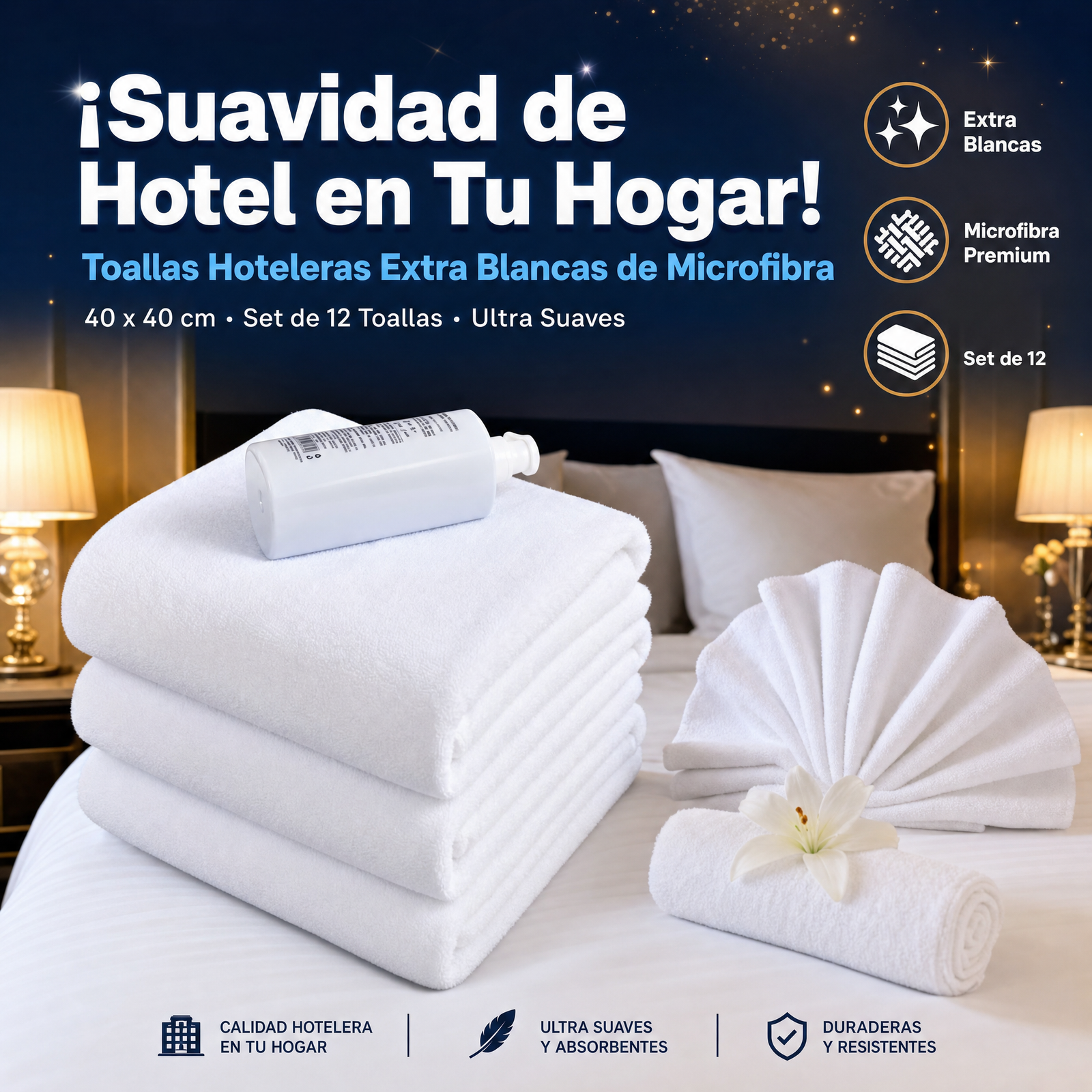 Toalla Hotelera, Extra Blanca, De Microfibra, Tamaño 40x 40cm, 12 Toallas Por Set, Precio Del Set