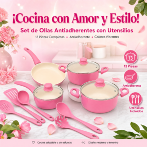 Olla Antiadherente Para Cocina, De Colores, Con Utencilios, Set X 13 Piezas, Precio Por Set (Compra Mínima 3 Set)