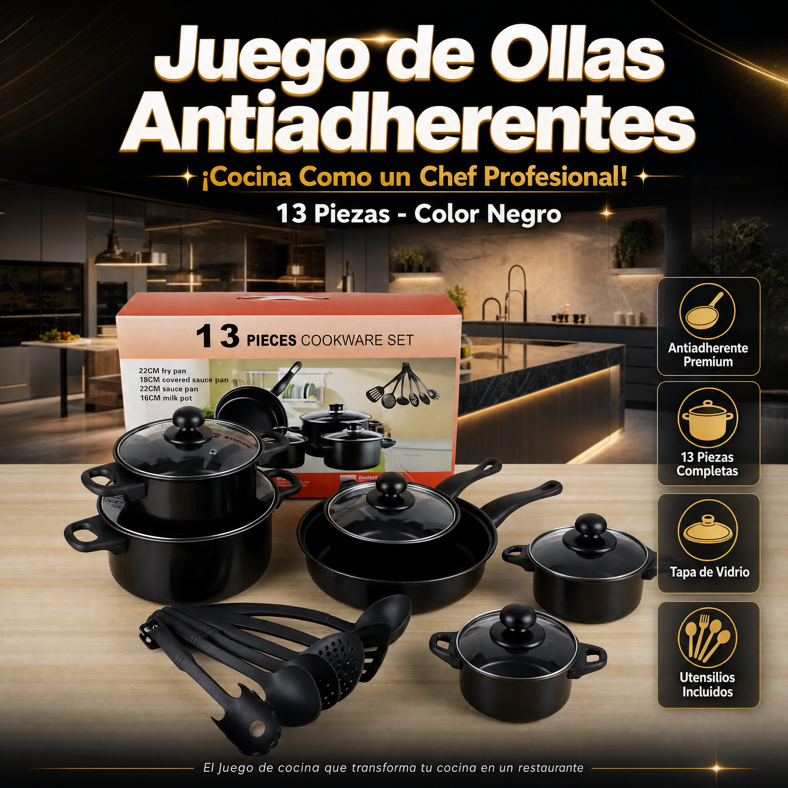 Ollas Antiadherentes Para Cocina, Juego De 13 Piezas, Color Negro, Precio Del Juego (Pedido Mínimo 3 Juegos)