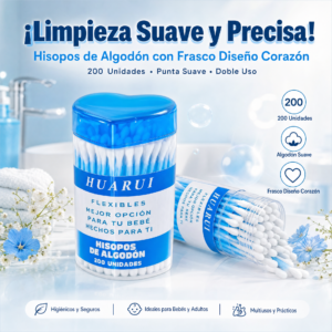 Hisopo De Algodón Para Limpieza Del Oido Y Su Envase Con Diseño Corazon, Frasco De 200 Unidades, Precio Por Cajon De 10 Docenas