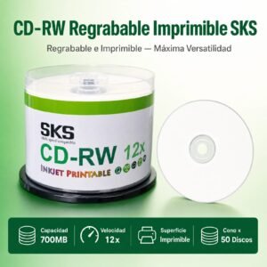 Disco CD-RW Regrabable, Marca SKS, Printable , 50 Unidades Por Cono, Precio Del Cono