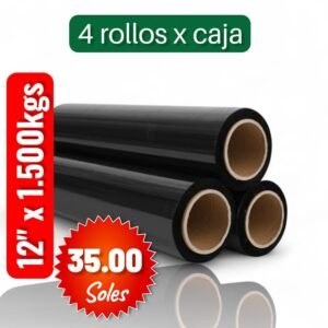 STRECH FILM COLOR NEGRO PARA EMBALAR, 12″ X 1.500KGS, PRECIO POR CAJÓN DE 4 UNIDADES