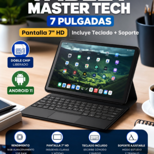 Tablet con teclado + soporte, master tech, pantalla 7″ , android 11, colores variado, precio de la unidad.