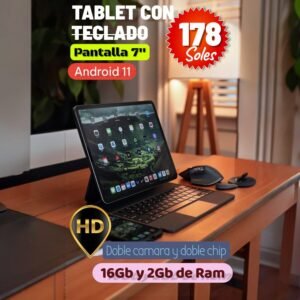 TABLET CON TECLADO + SOPORTE, MASTER TECH, PANTALLA 7″ , ANDROID 11, COLORES VARIADOS