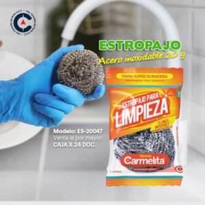 ESTROPAJO DE ACERO INOXIDABLE CARMELITA, 24 BLISTER POR CAJA, 12 UNIDADES POR BLISTER, PRECIO POR CAJA