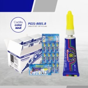 PEGAMENTO CHEMMER AZUL, SUPER GLUE, DE 3.00ml, EXTRA FUERTE, 72 BLISTER POR CAJON, 12 UNIDADES POR BLISTER, PRECIO DE CAJON