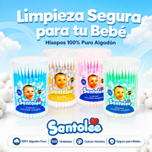 Hisopo para el oido de algodon, SANTOLEE ,a colores , frasco de 100 hisopos, 240 frascos por caja, precio de la caja  (minimo 1 caja)