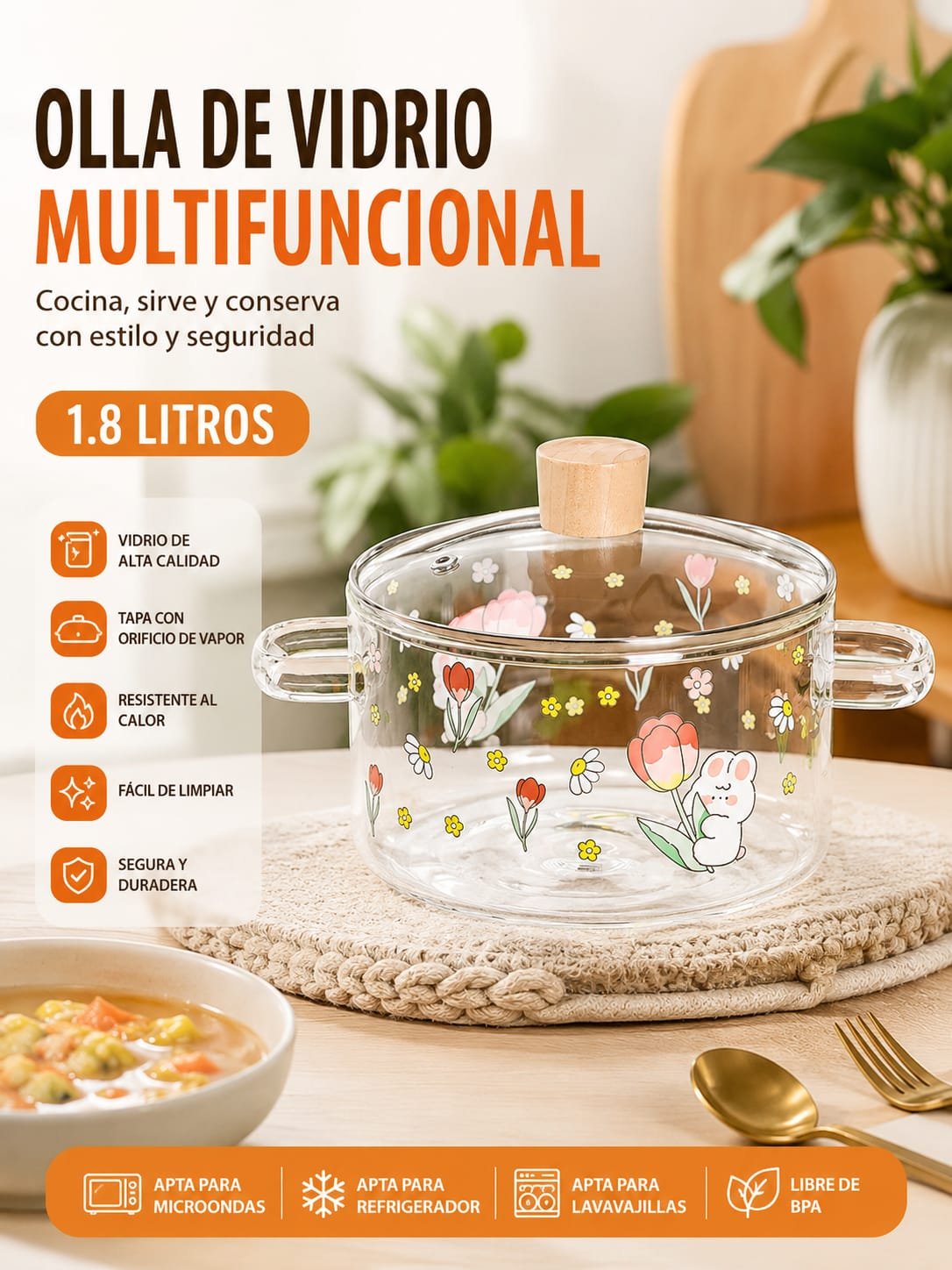 Olla De Vidrio Multifuncional De Vidrio Con Diseño Floreado, Capacidad 1.8litros, Precio Unidad (Pedido Mínimo 3 Unidades)